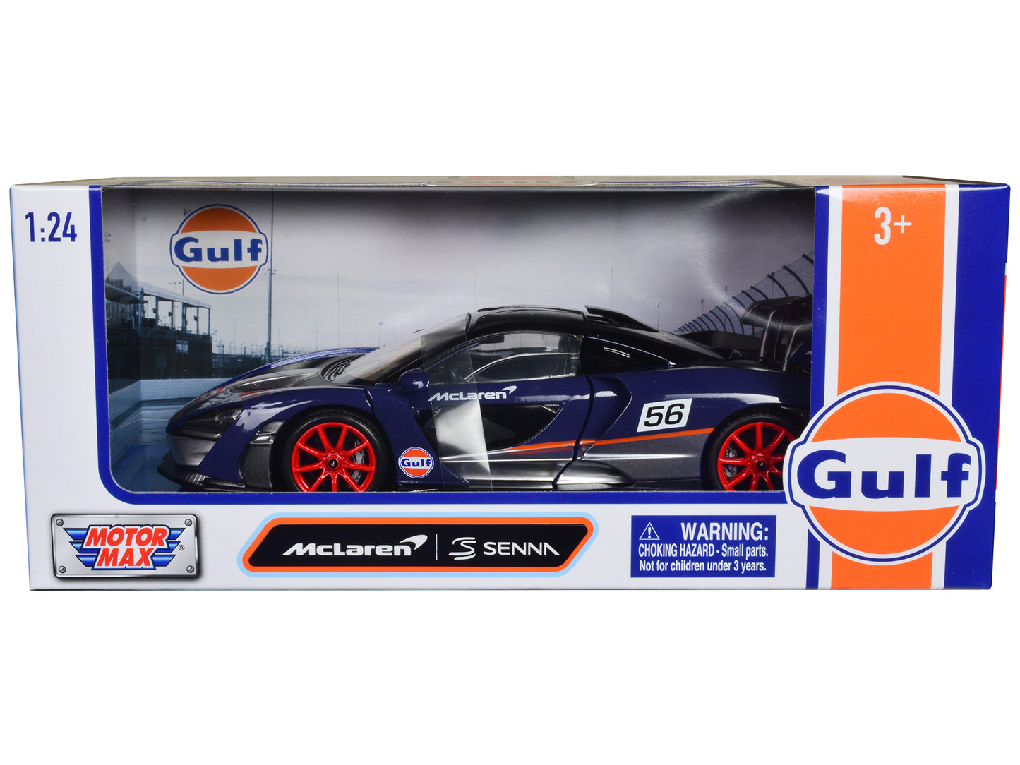 McLaren Senna #56 Dark Blue and Silver with Orange Stripes "Gulf Oil" "Gulf Die-Cast Collection" 1/24 Diecast Model Car by Motormax-DiecastModeler.com