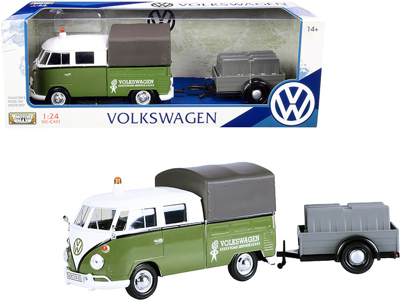 Volkswagen T1 Pickup with Canopy Green and White with Trailer "Road Service" 1/24 Diecast Model Car by Motormax-DiecastModeler.com