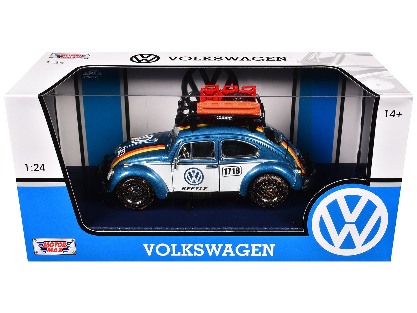 1966 Volkswagen Beetle Off Road #1718 Blue Metallic and White with German Flag Stripes and Roof Rack Accessories 1/24 Diecast Model Car by Motormax-DiecastModeler.com