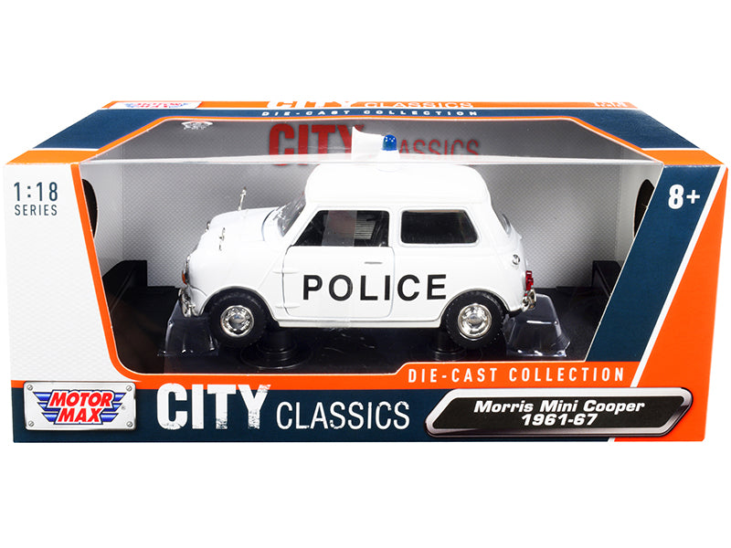 1961-1967 Morris Mini Cooper RHD (Right Hand Drive) "Police" White "City Classics" Series 1/18 Diecast Model Car by Motormax-DiecastModeler.com
