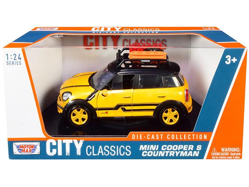 Mini Cooper S Countryman with Roof Rack and Accessories Yellow Metallic and Black "City Classics" Series 1/24 Diecast Model Car by Motormax-DiecastModeler.com
