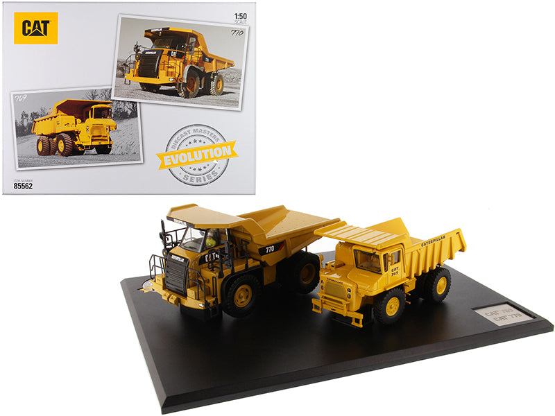 CAT Caterpillar 769 Off-Highway Truck (1963-2006) and CAT Caterpillar 770 Off-Highway Truck (2007-Present) with Operators "Evolution Series" Set of 2 pieces 1/50 Diecast Models by Diecast Masters-DiecastModeler.com
