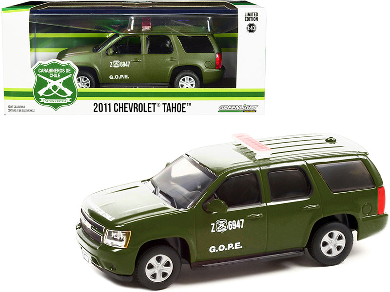 2011 Chevrolet Tahoe Police Car Matt Green "Carabineros de Chile" G.O.P.E. "Grupo de Operaciones Policiales Especiales" 1/43 Diecast Model Car by Greenlight-DiecastModeler.com