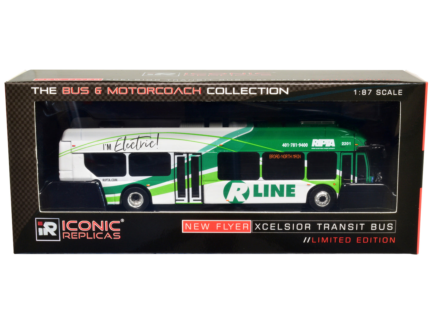 New Flyer Xcelsior Charge NG Electric Transit Bus RIPTA (Rhode Island Public Transit Authority) "R Line Broad/North Main" "The Bus & Motorcoach Collection" 1/87 Diecast Model by Iconic Replicas