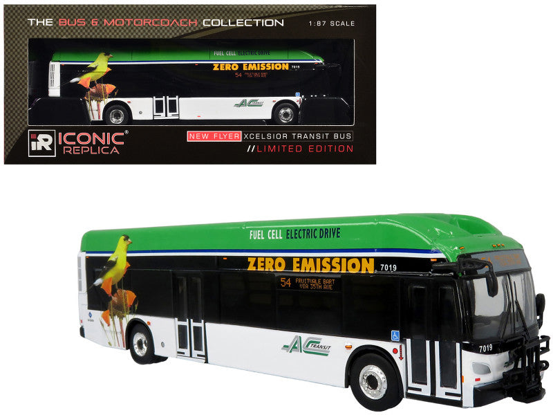 New Flyer Xcelsior XHE40 Transit Bus "AC Transit - Zero Emission" White and Green with Graphics "The Bus & Motorcoach Collection" Limited Edition 1/87 (HO) Diecast Model by Iconic Replicas-DiecastModeler.com