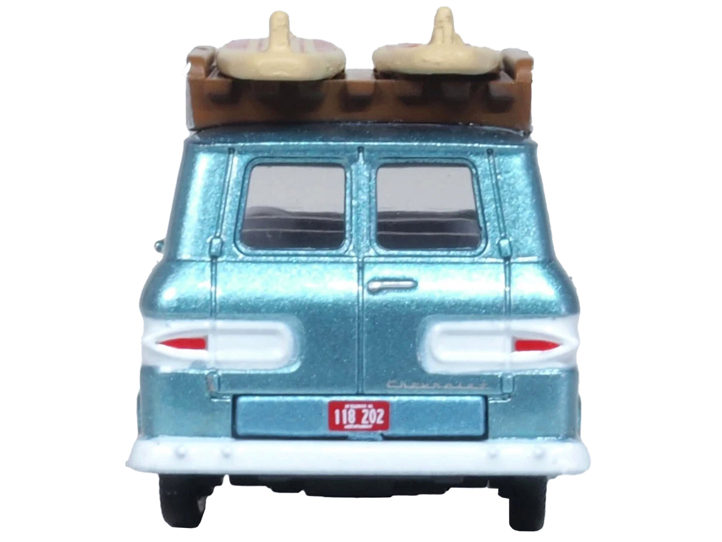 1961 Chevrolet Corvair Greenbrier Passenger Wagon Van Turquoise Metallic and Cameo White with Surfboards on Roof 1/87 (HO) Scale Diecast Model Car by Oxford Diecast