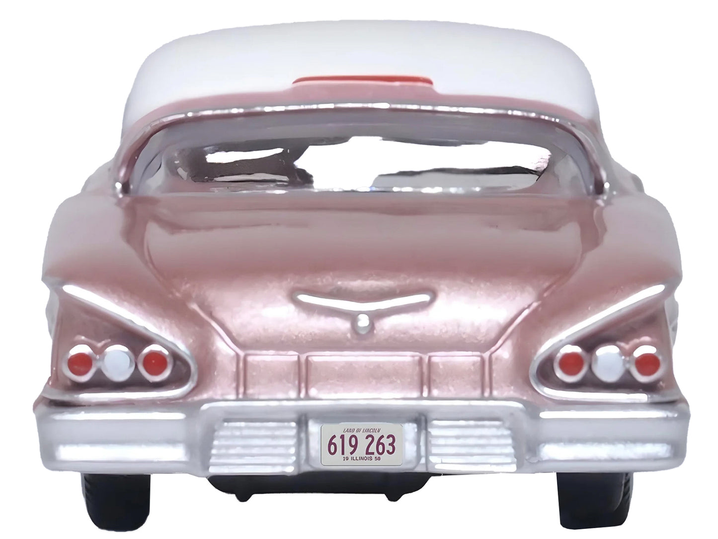 1958 Chevrolet Impala Sport Cay Coral Pink Metallic with White Top 1/87 (HO) Scale Diecast Model Car by Oxford Diecast-DiecastModeler.com