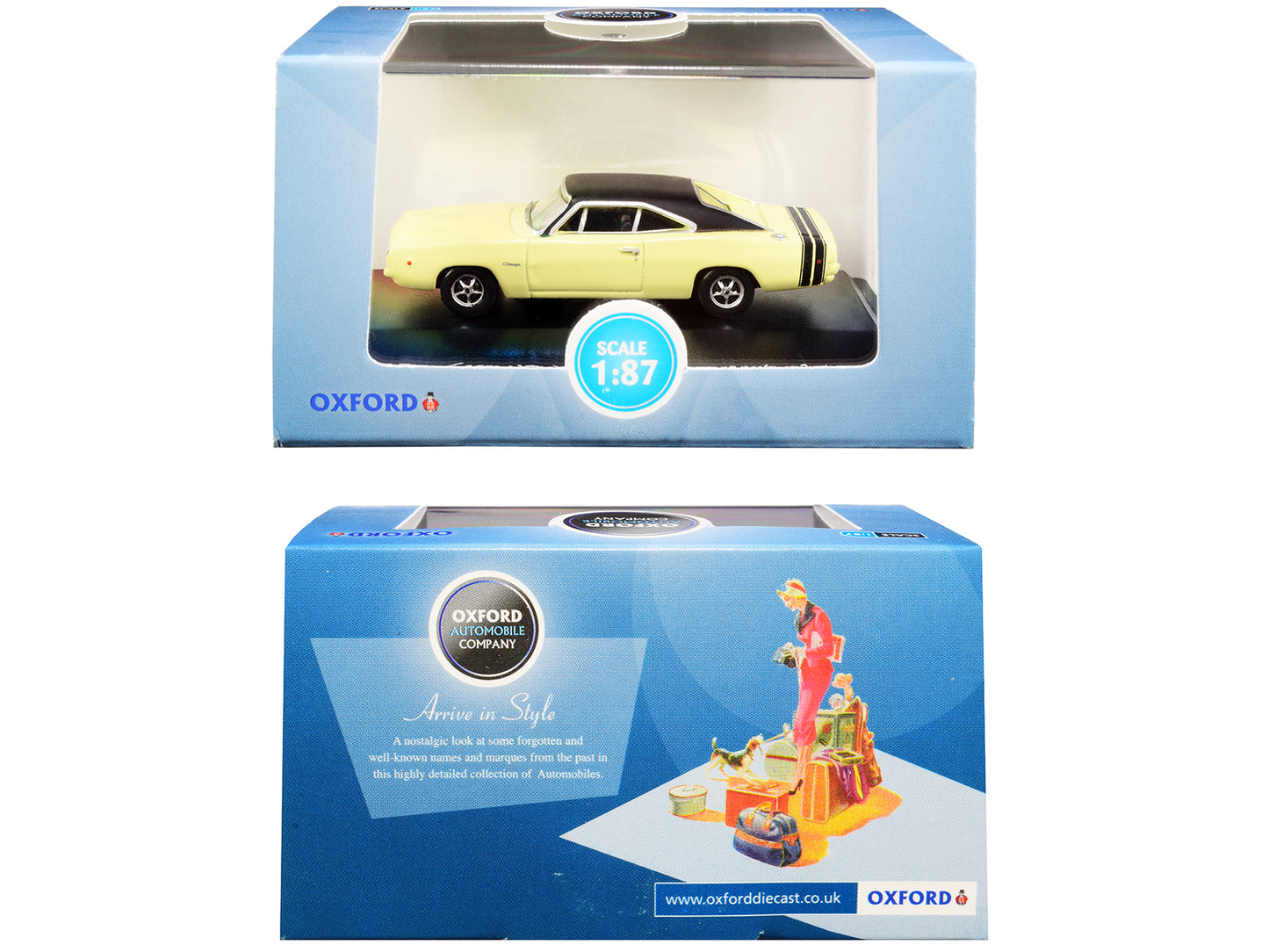 1968 Dodge Charger Light Yellow with Black Top and Black Stripes 1/87 (HO) Scale Diecast Model Car by Oxford Diecast