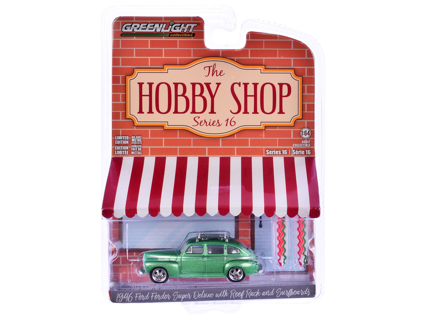 1946 Ford Fordor Super Deluxe Green Metallic with White Interior and Roof Rack with Surfboards "The Hobby Shop" Series 16 1/64 Diecast Model Car by Greenlight-DiecastModeler.com