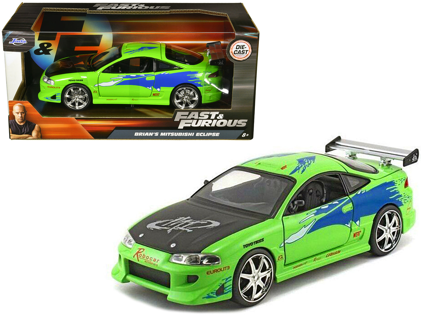Brian's Mitsubishi Eclipse Green with Black Hood and Graphics "The Fast and The Furious" (2001) Movie 1/24 Diecast Model Car by Jada-DiecastModeler.com
