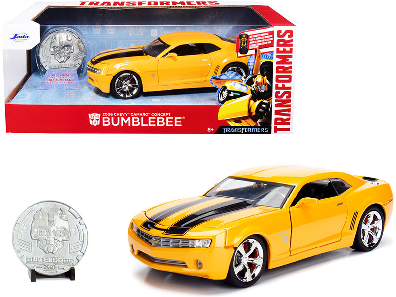 2006 Chevrolet Camaro Concept Yellow Bumblebee with Robot on Chassis and Collectible Metal Coin "Transformers" Movie 1/24 Diecast Model Car by Jada-DiecastModeler.com