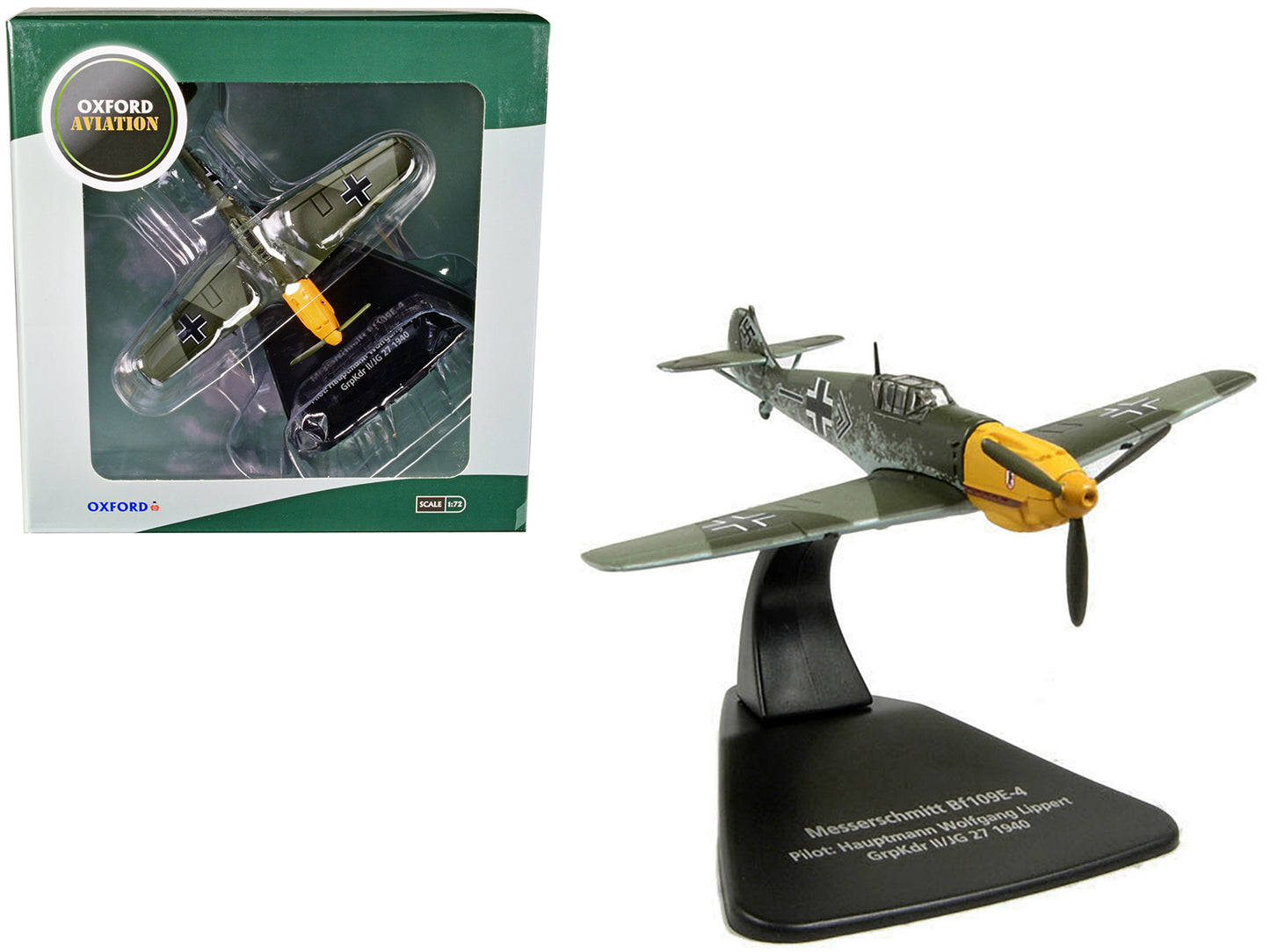 Messerschmitt Bf 109E-4 Fighter Plane Pilot: Hauptmann Wolfgang Lippert GrpKdr II/JG 27 (1940) "Oxford Aviation" Series 1/72 Diecast Model Airplane by Oxford Diecast-DiecastModeler.com