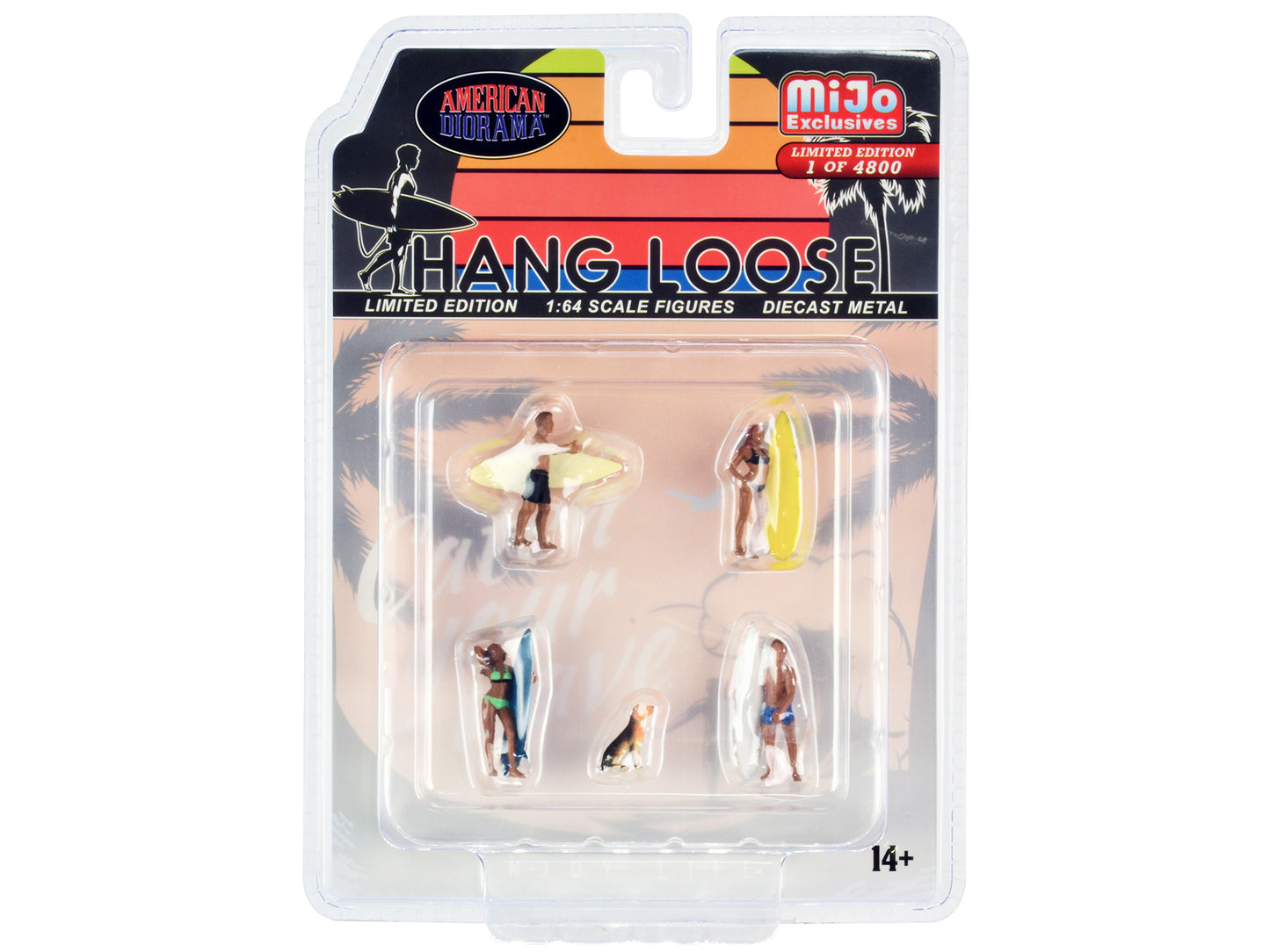 "Hang Loose" 5 piece Diecast Set (4 Surfer Figures and 1 Dog) Limited Edition to 4800 pieces Worldwide for 1/64 Scale Models by American Diorama-DiecastModeler.com