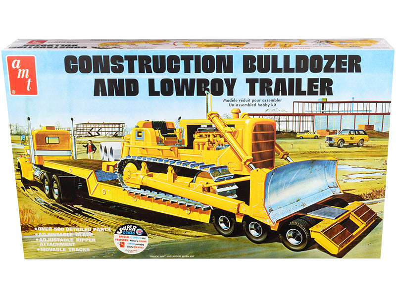 Skill 3 Model Kit Construction Bulldozer and Lowboy Trailer Set of 2 pieces 1/25 Scale Model by AMT-DiecastModeler.com