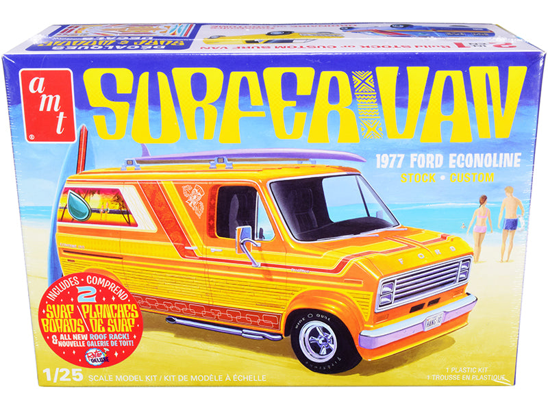 Skill 2 Model Kit 1977 Ford Econoline Surfer Van with Two Surfboards 2-in-1 Kit 1/25 Scale Model by AMT-DiecastModeler.com