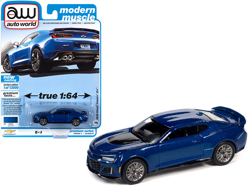 2018 Chevrolet Camaro ZL1 Hyper Blue Metallic "Modern Muscle" Limited Edition to 13000 pieces Worldwide 1/64 Diecast Model Car by Auto World-DiecastModeler.com