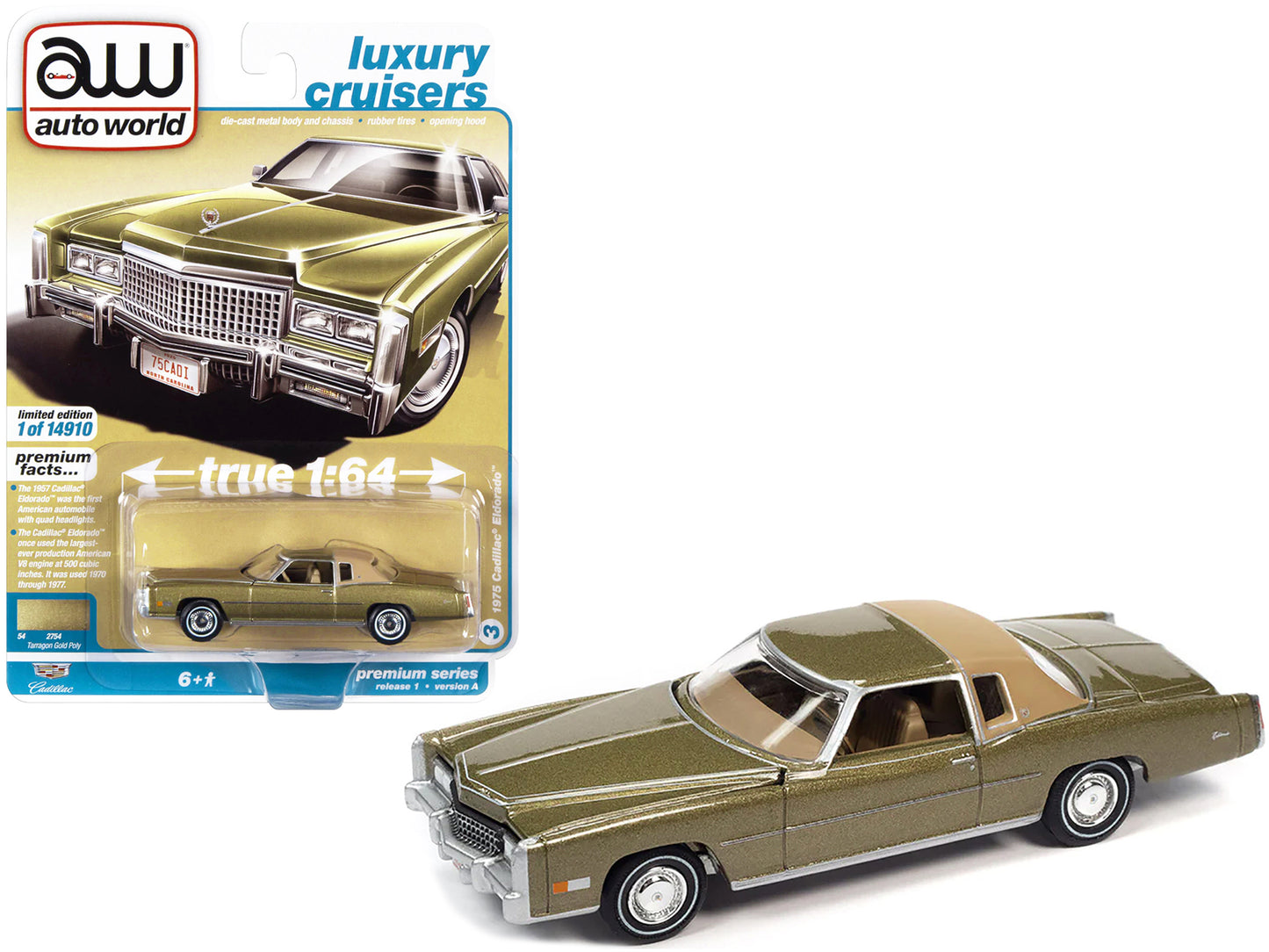 1975 Cadillac Eldorado Tarragon Gold Metallic with Rear Section of Roof Sandalwood Tan "Luxury Cruisers" Limited Edition to 14910 pieces Worldwide 1/64 Diecast Model Car by Auto World-DiecastModeler.com