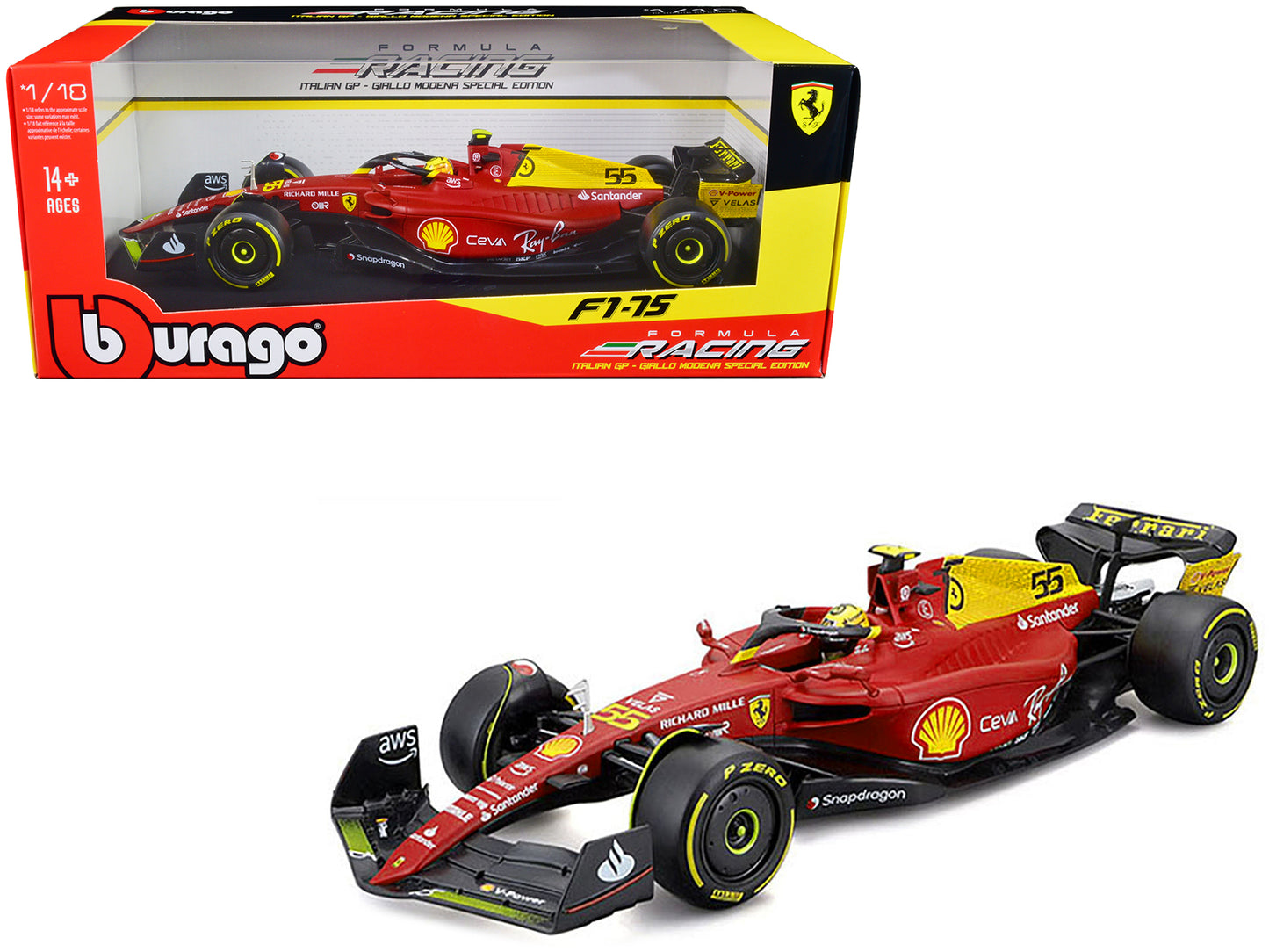 Ferrari F1-75 #55 Carlos Sainz "Giallo Modena" Formula One F1 Italian GP (2022) "Formula Racing" Series 1/18 Diecast Model Car by Bburago-DiecastModeler.com
