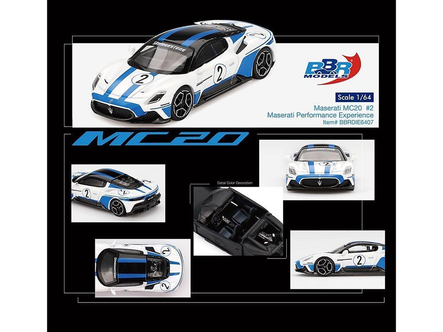 Maserati MC20 #2 White with Blue Stripes and Black Top "Maserati Performance Experience" 1/64 Diecast Model Car by BBR-DiecastModeler.com