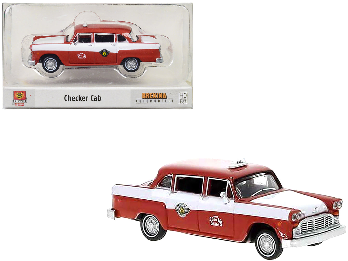 1974 Checker Cab Red and White "Kalamazoo" 1/87 (HO) Scale Model Car by Brekina-DiecastModeler.com