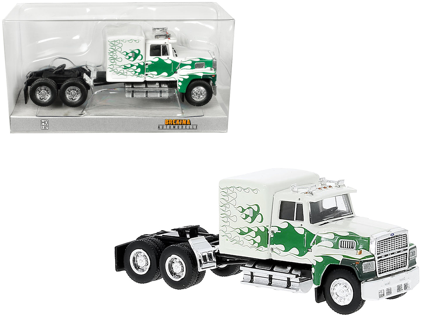 1978 Ford LTL 9000 Truck Tractor White with Green Flames 1/87 (HO) Scale Model Car by Brekina-DiecastModeler.com