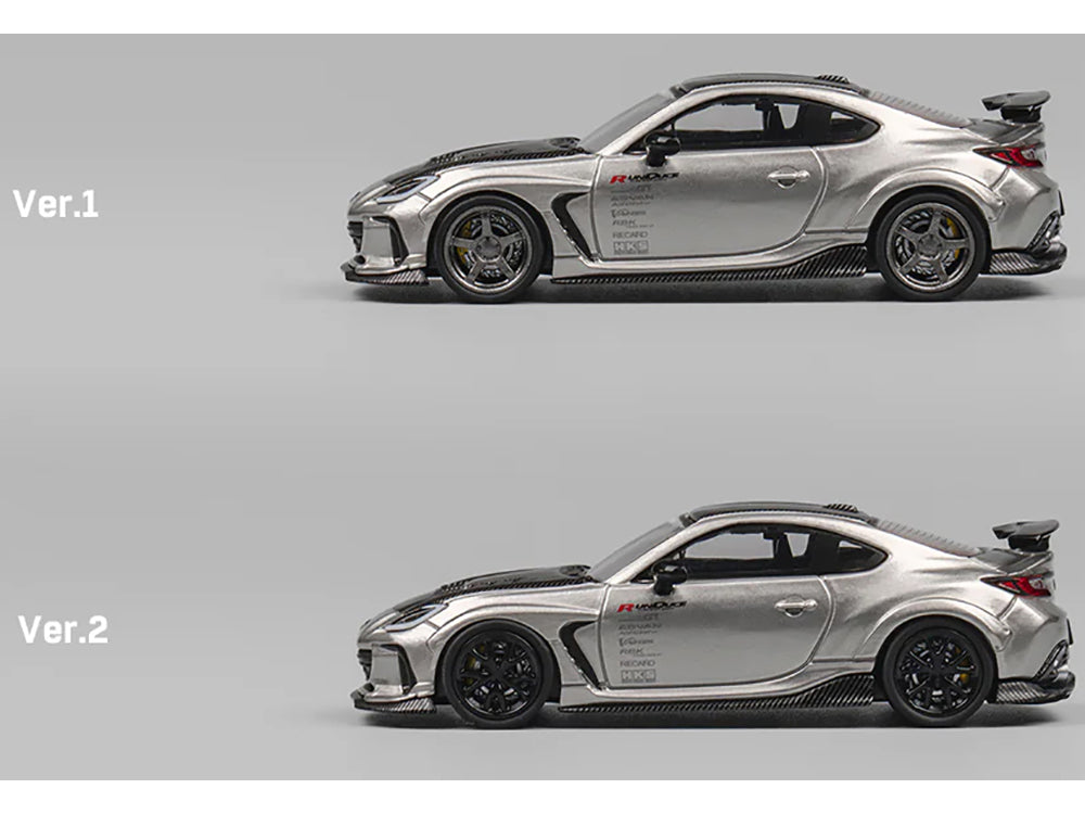 Subaru BRZ Varis Arising-1 RHD (Right Hand Drive) Gray Metallic with Carbon Hood and Top and Extra Wheels 1/64 Diecast Model Car by CM Model-DiecastModeler.com
