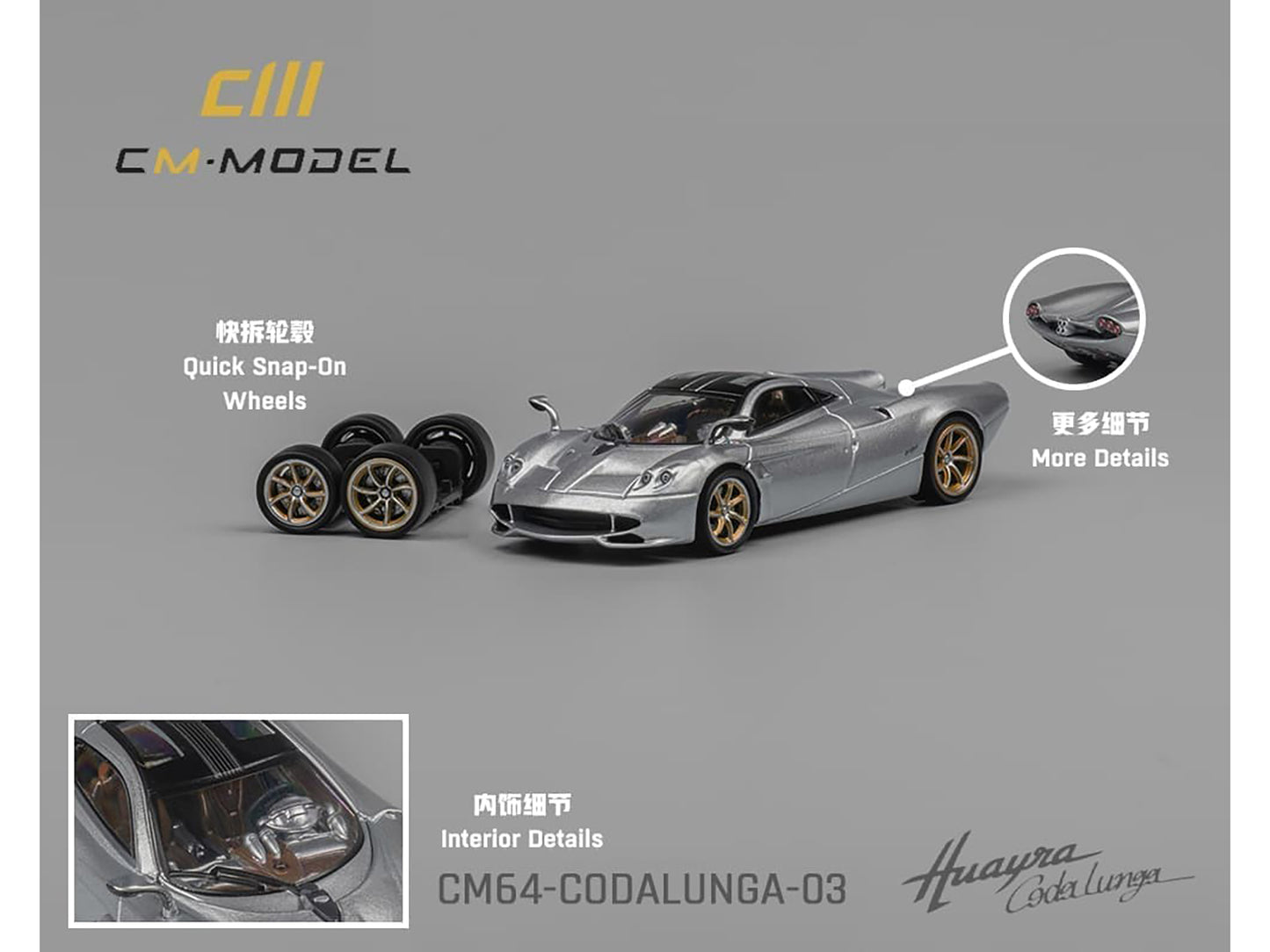 Pagani Huayra Codalunga Silver Metallic with Sunroof and Extra Wheels 1/64 Diecast Model Car by CM Model
