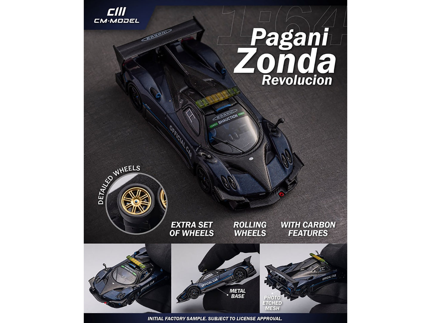 Pagani Zonda Revolucion "Official Car" Dark Blue and Carbon with Extra Wheels 1/64 Diecast Model Car by CM Model