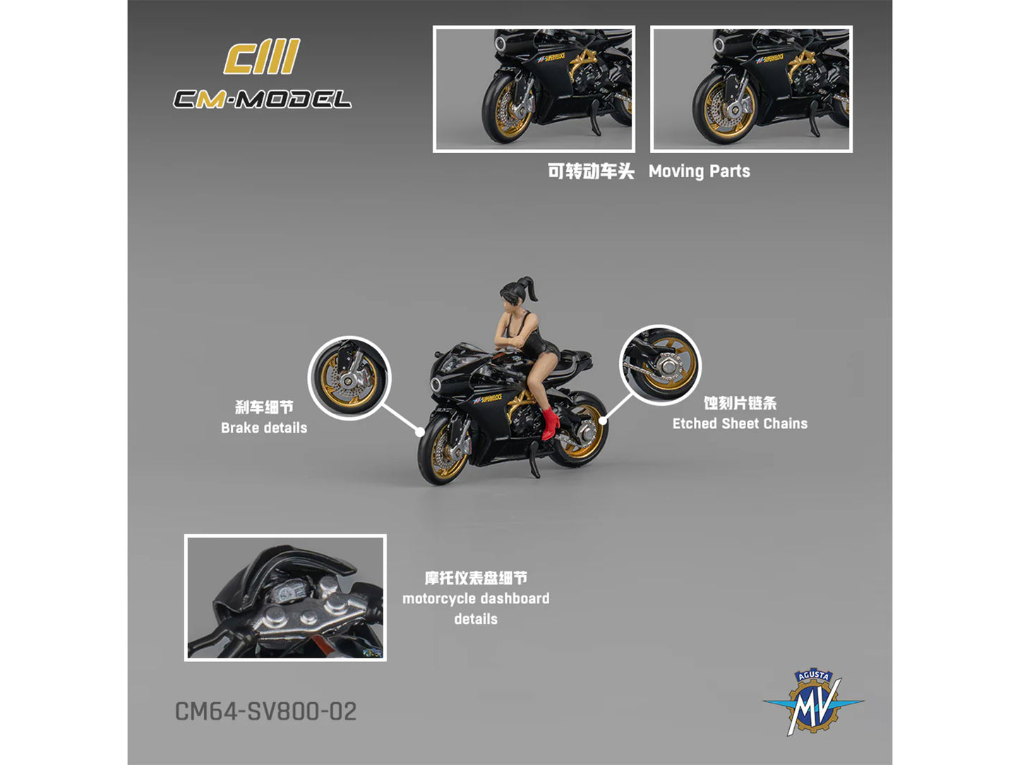 MV Agusta Superveloce 800 Motorcycle Black and Gold with Figure 1/64 Diecast Model by CM Model