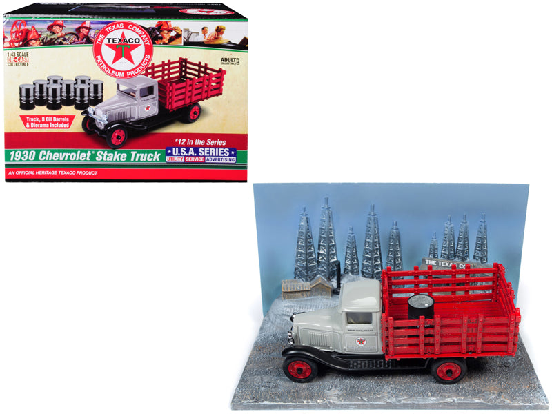 1930 Chevrolet Stake Truck with Eight Oil Barrels and Oil Derricks Diorama "Texaco" 12th in the "U.S.A. Series" 1/43 Diecast Model by Auto World-DiecastModeler.com