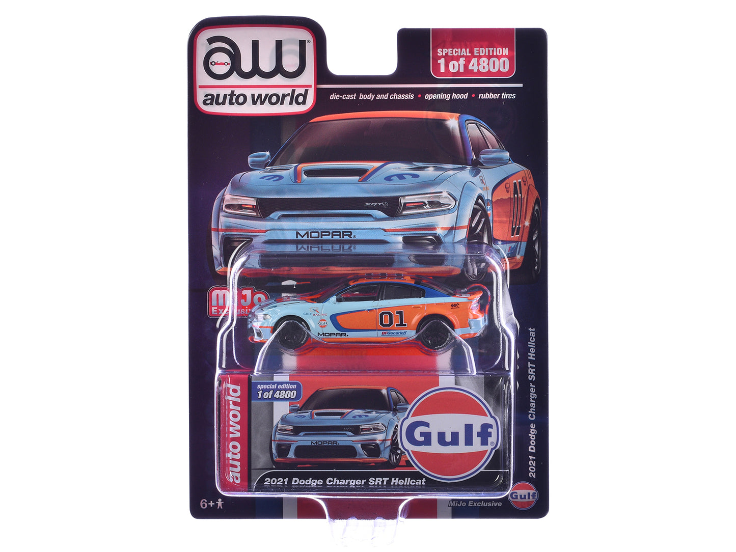 2021 Dodge Charger SRT Hellcat #01 "Gulf Oil-MOPAR" Light Blue and Orange Limited Edition to 4800 pieces Worldwide 1/64 Diecast Model Car by Auto World