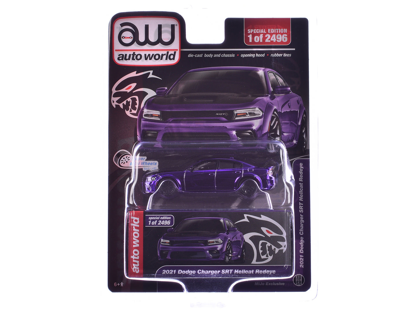 2021 Dodge Charger SRT Hellcat Redeye Purple Chrome with Black Hood Limited Edition to 2496 pieces Worldwide 1/64 Diecast Model Car by Auto World