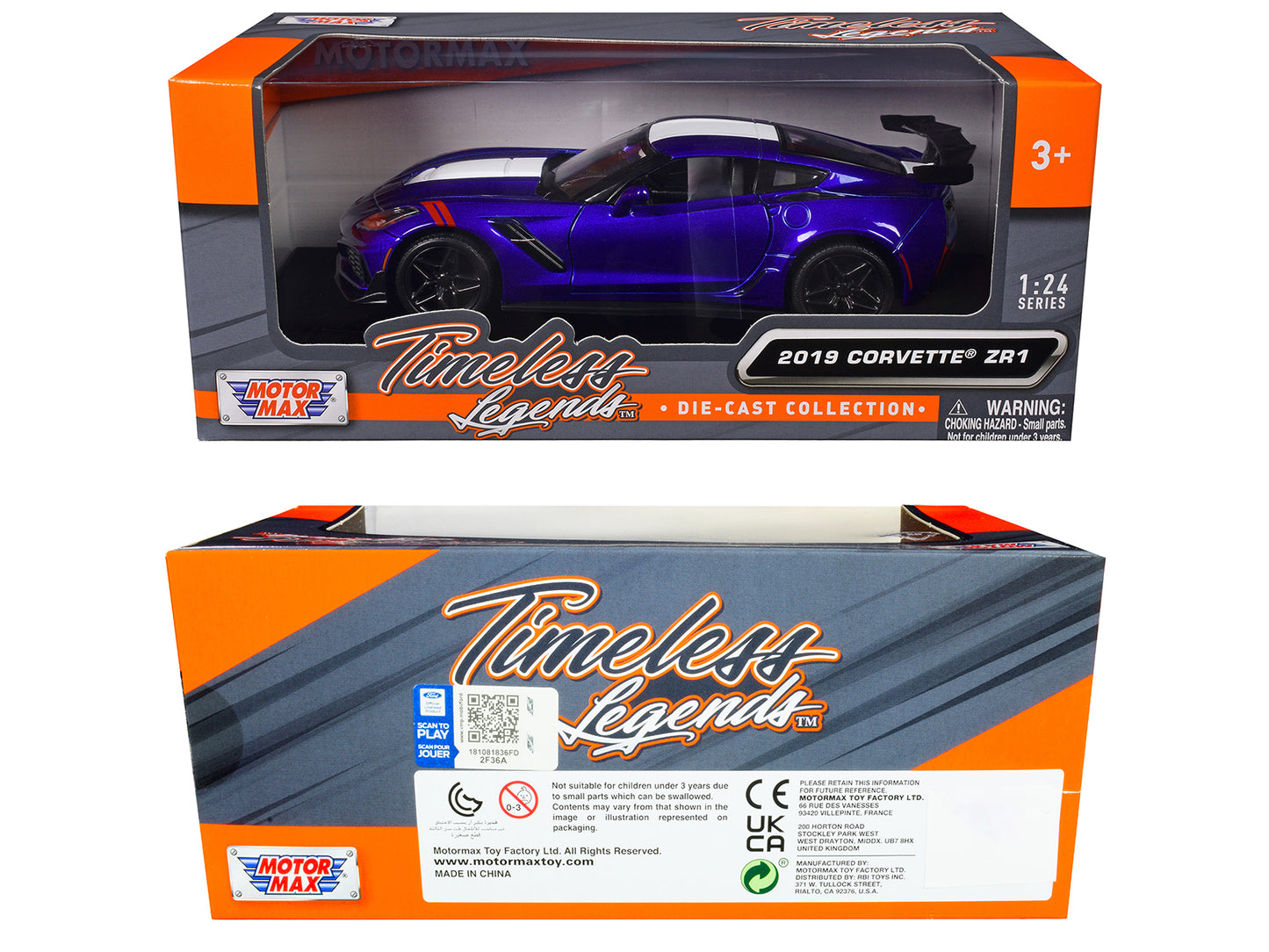 2019 Chevrolet Corvette ZR1 Blue Metallic and White "Timeless Legends" Series 1/24 Diecast Model Car by Motormax