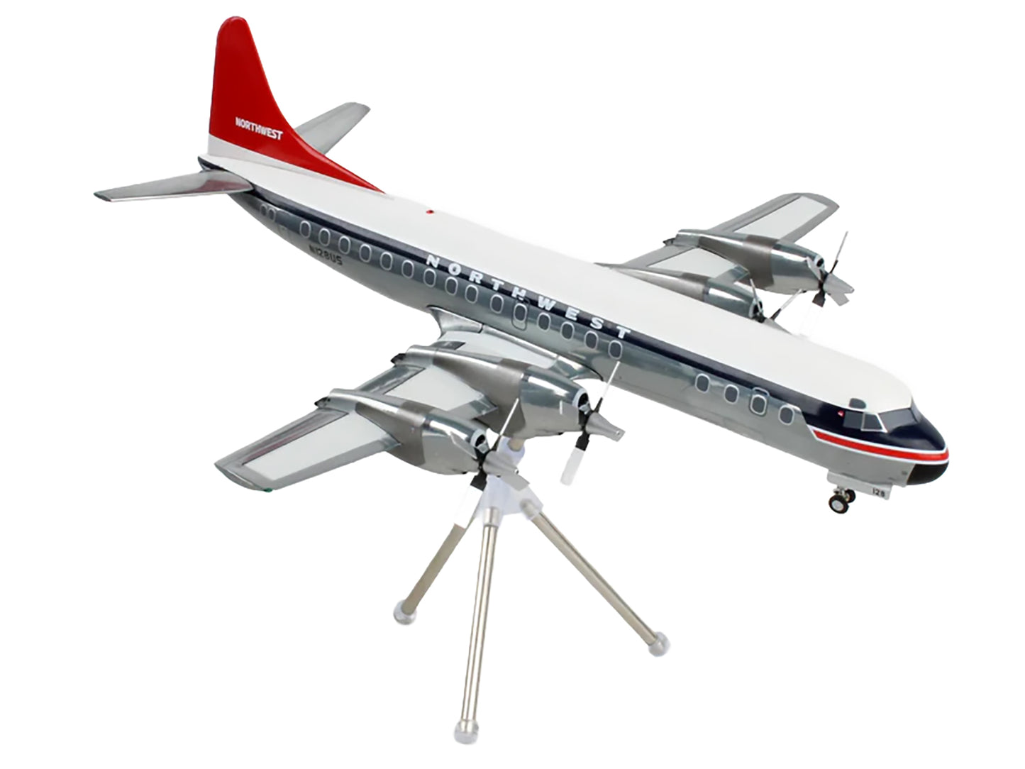Lockheed L-188 Electra Commercial Aircraft "Northwest Orient" (N128US) White and Gray with Blue Stripes and Red Tail "Gemini 200" Series 1/200 Diecast Model Airplane by GeminiJets