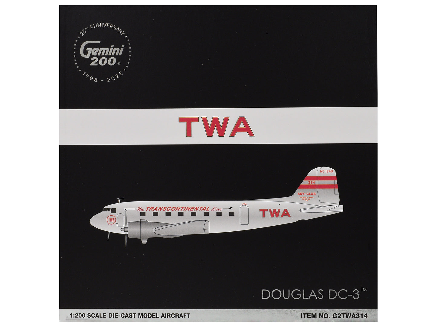 Douglas DC-3 Commercial Aircraft "TWA (Trans World Airlines)" (NC1943) Polished Metal Finish with Red Tail Stripes "Gemini 200" Series 1/200 Diecast Model Airplane by GeminiJets