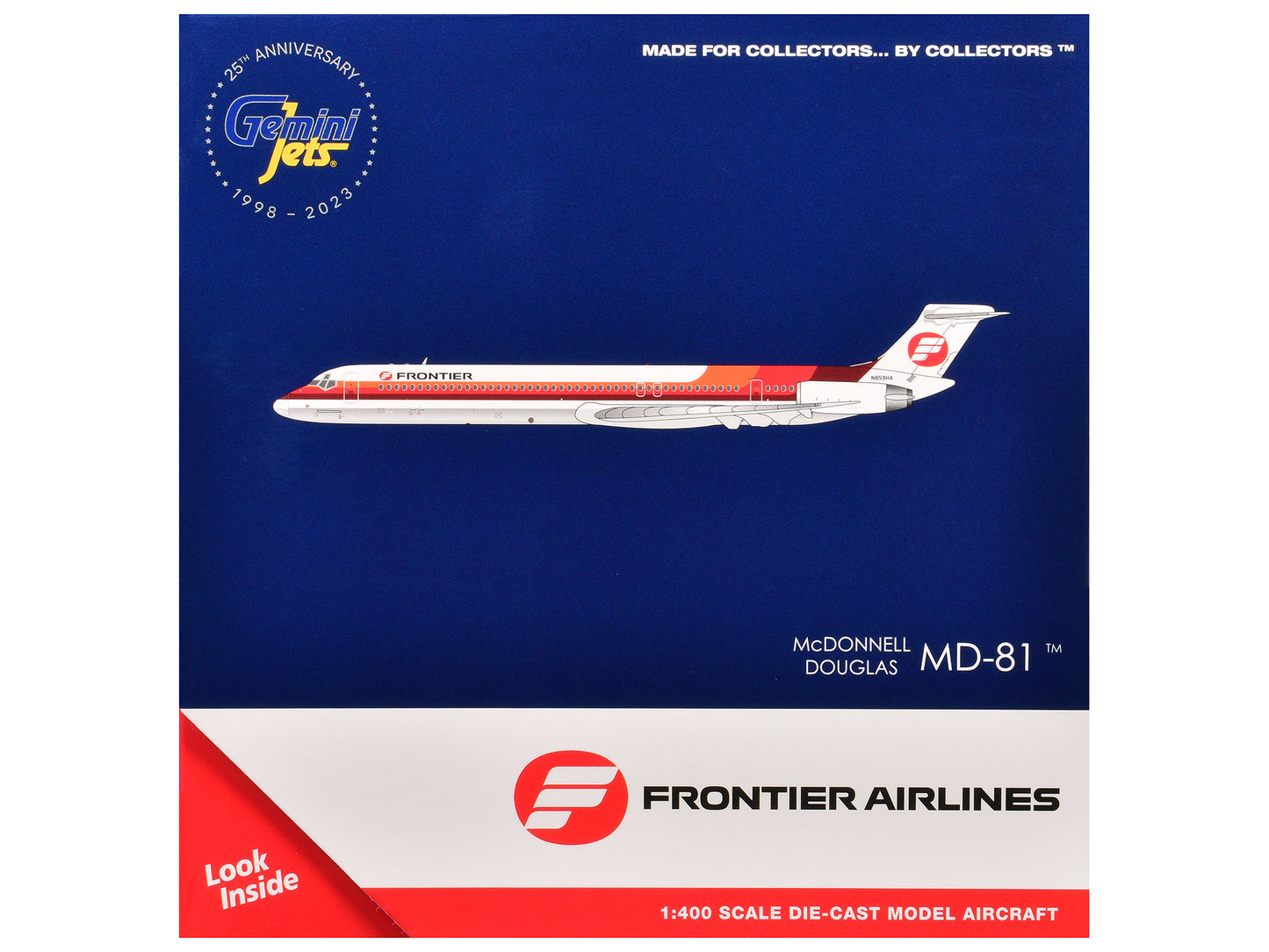 McDonnell Douglas MD-81 Commercial Aircraft "Frontier Airlines" (N859HA) White with Stripes 1/400 Diecast Model Airplane by GeminiJets