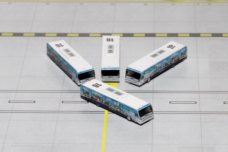 Cobus 3000 Passenger Bus White and Blue with Graphics "US Airways Shuttle Bus - Greener Transit" 4 Piece Set 1/400 Diecast Models by GeminiJets-DiecastModeler.com
