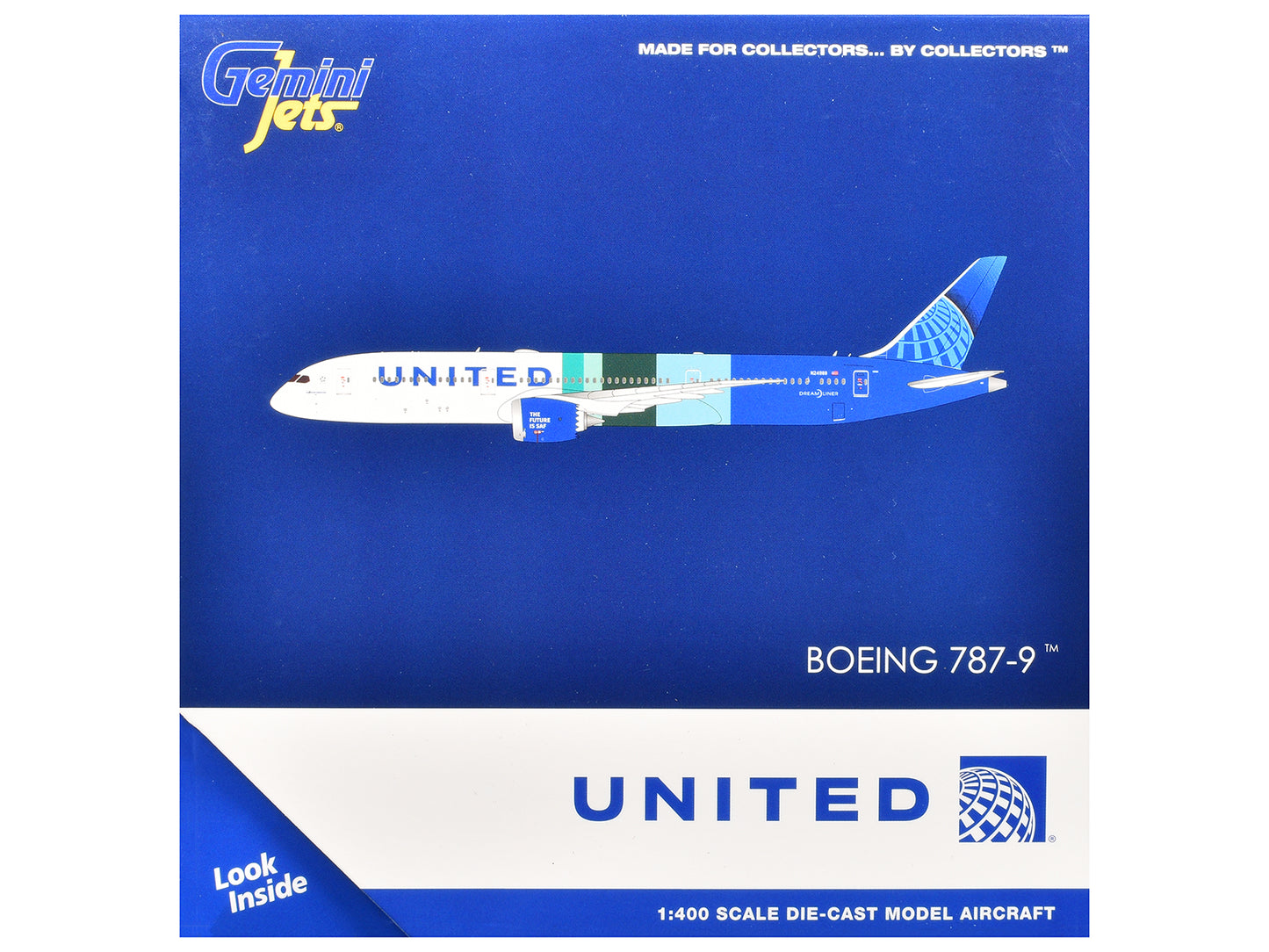 Boeing 787-9 Commercial Aircraft "United Airlines - The Future is SAF" (N24988) White and Blue with Stripes 1/400 Diecast Model Airplane by GeminiJets-DiecastModeler.com