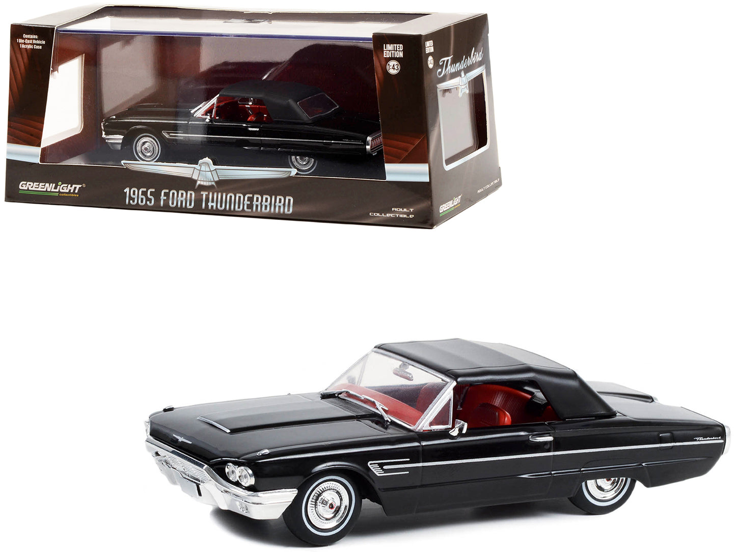 1965 Ford Thunderbird Convertible (Top-Up) Raven Black with Red Interior 1/43 Diecast Model Car by Greenlight-DiecastModeler.com