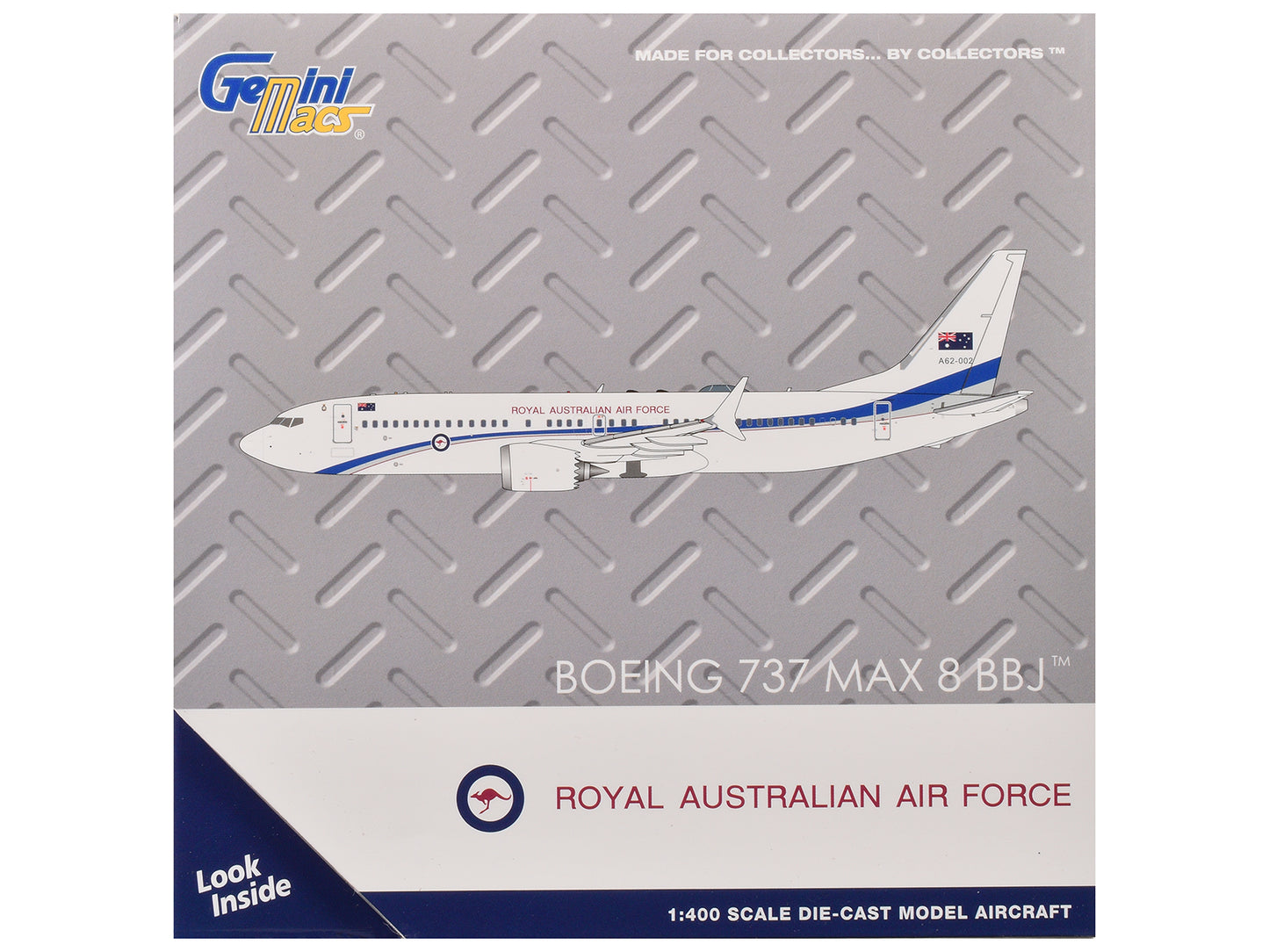 Boeing 737 MAX 8 BBJ Transport Aircraft "Royal Australian Air Force (RAAF)" (A62-002) White with Blue Stripes "Gemini Macs" Series 1/400 Diecast Model Airplane by GeminiJets-DiecastModeler.com