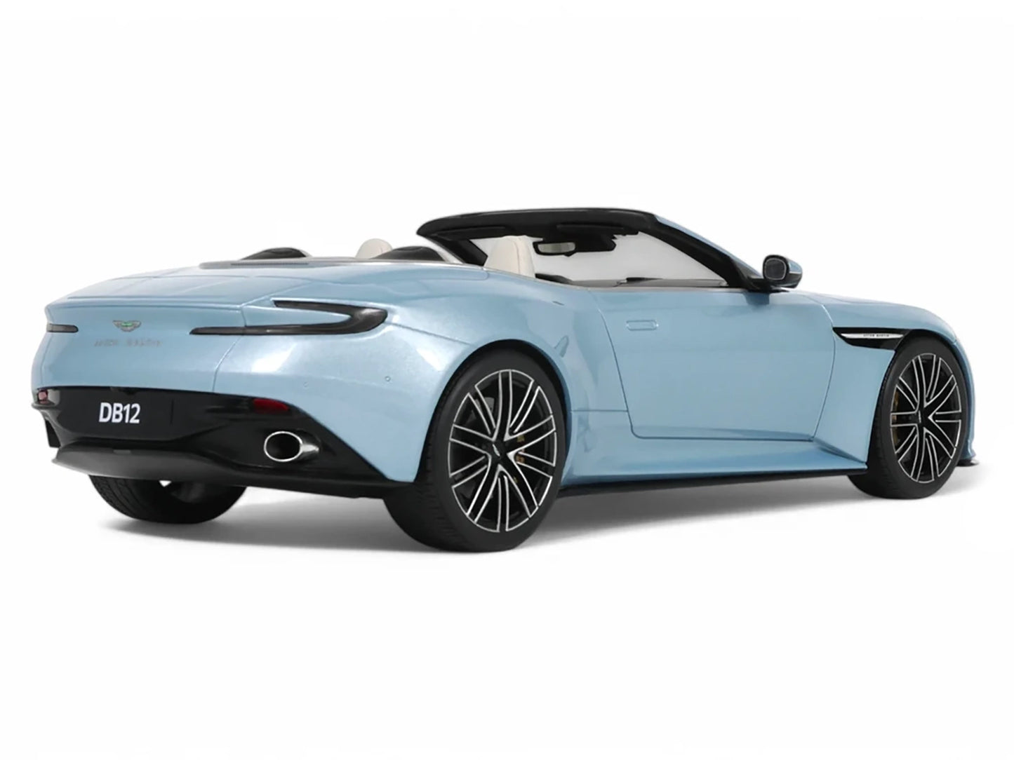 2023 Aston Martin DB12 Volante Caribbean Blue Pearl with White Interior 1/18 Model Car by GT Spirit