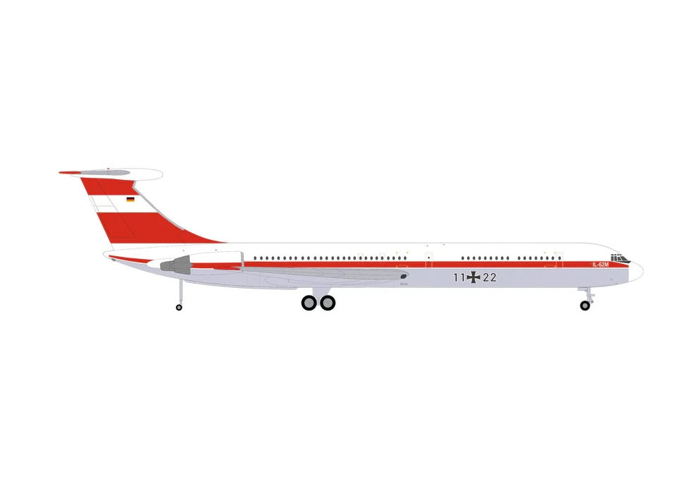 Ilyushin IL-62M Commercial Aircraft "German Luftwaffe" (11+22) White with Red Stripes 1/200 Diecast Model Airplane by Herpa-DiecastModeler.com