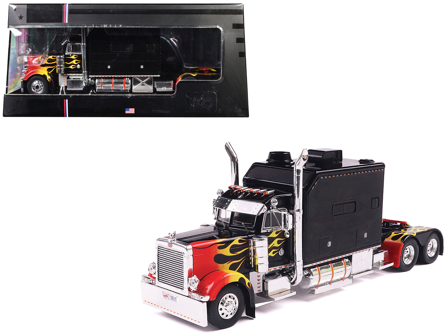 2002 Peterbilt 379 Custom Truck Tractor Black with Flame Graphics 1/43 Diecast Model by IXO Models-DiecastModeler.com