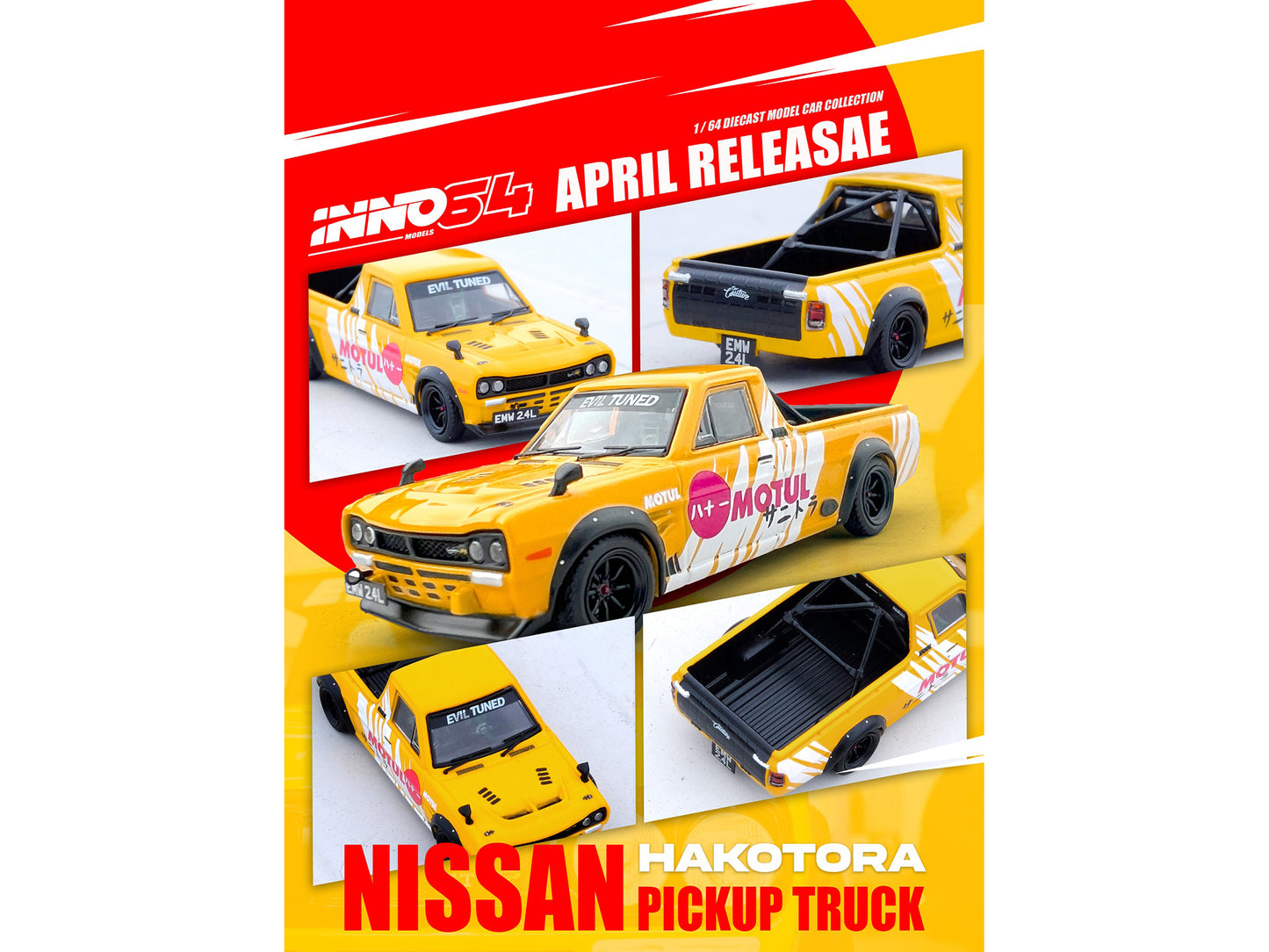 Nissan Sunny "Hakotora" Pickup Truck RHD (Right Hand Drive) "Motul" Yellow with White Stripes 1/64 Diecast Model Car by Inno Models-DiecastModeler.com