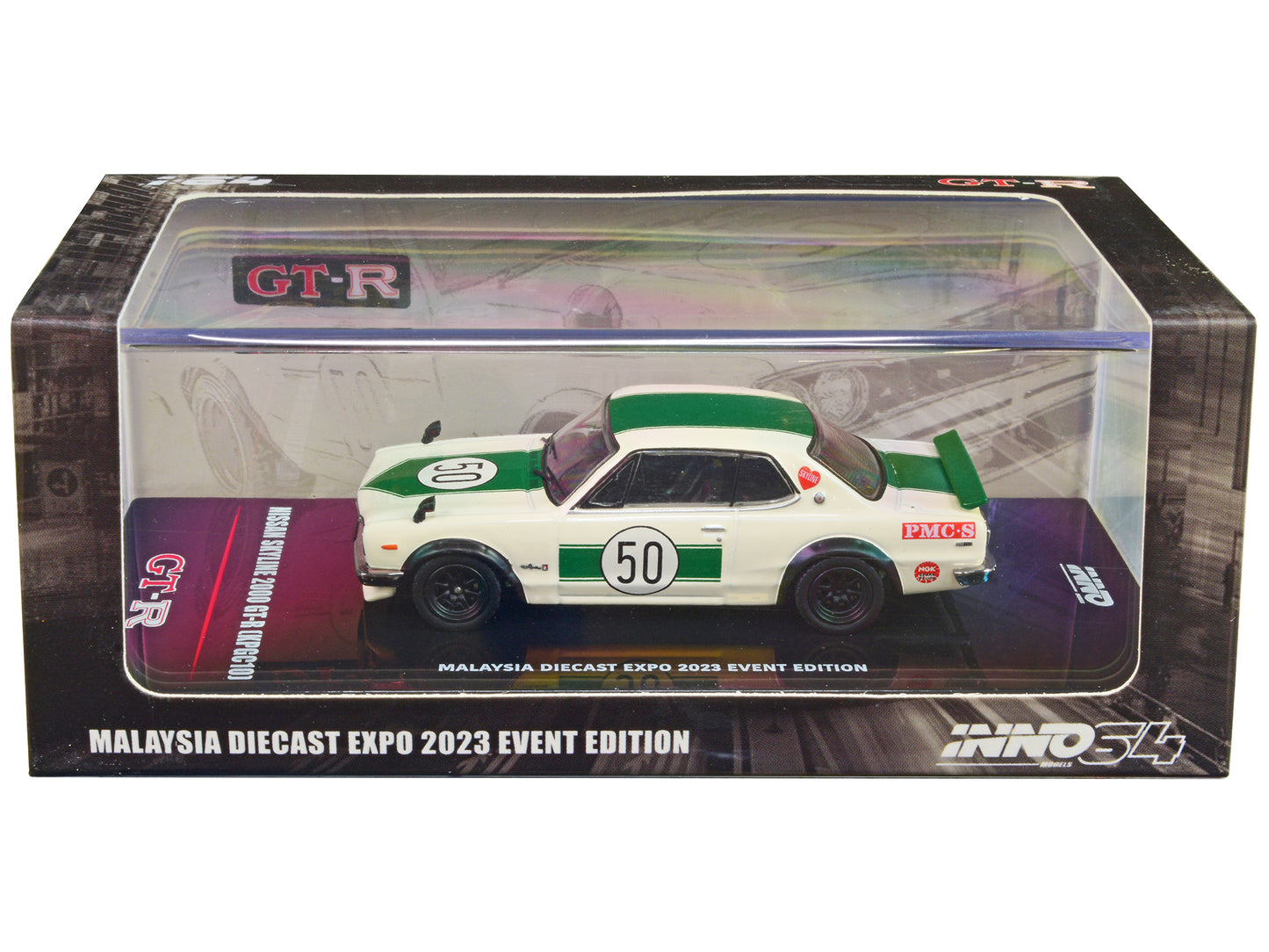 Nissan Skyline 2000 GT-R (KPGC10) #50 RHD (Right Hand Drive) White with Green Stripes "Malaysia Diecast Expo Event Edition" (2023) 1/64 Diecast Model Car by Inno Models-DiecastModeler.com