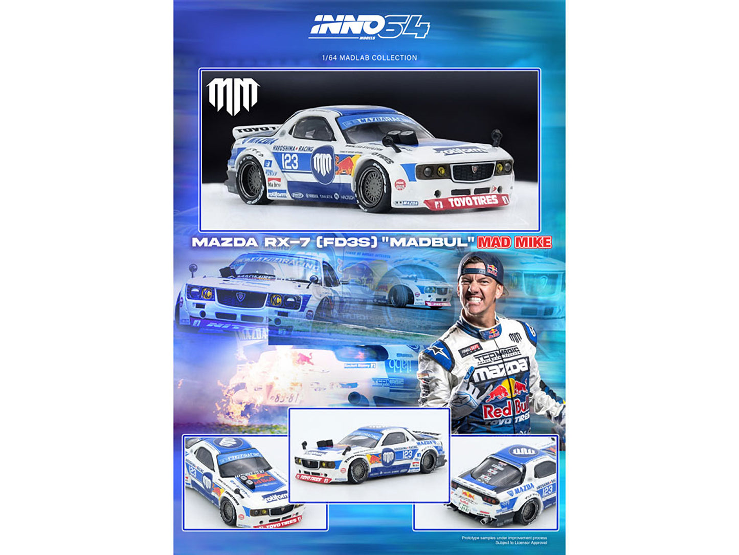 Mazda RX-7 (FD3S) RHD (Right Hand Drive) #123 "Pandem Rocket Bunny MADBUL Gen 7.3" White and Blue with Graphics "MadLab Collection 01" 1/64 Diecast Model Car by Inno Models-DiecastModeler.com