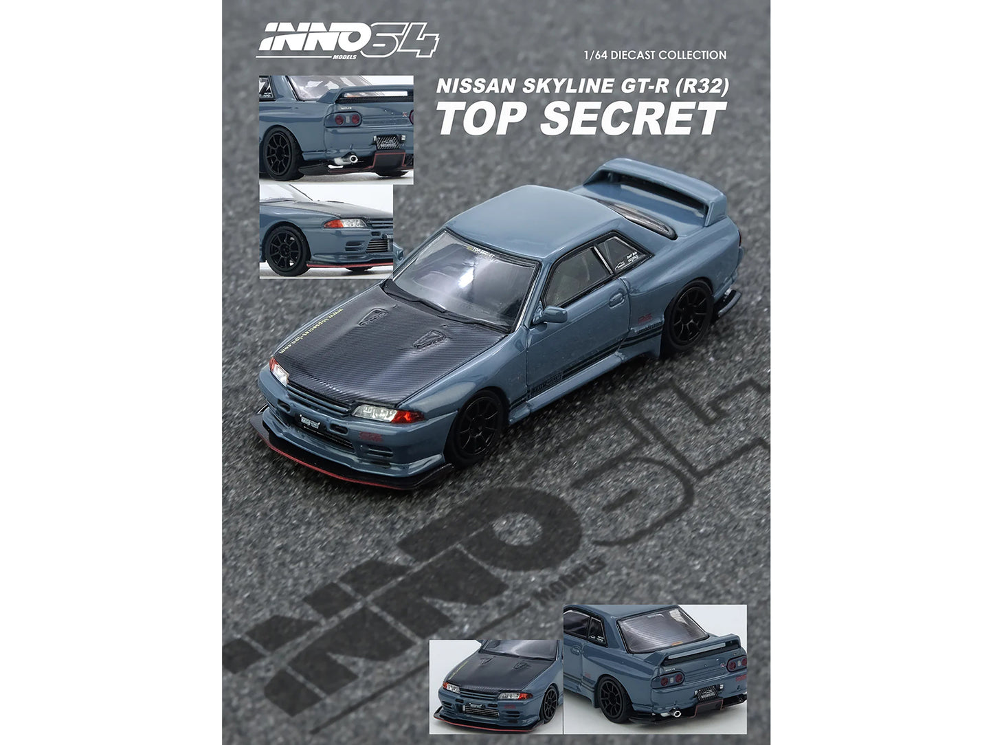 Nissan Skyline "Top Secret" GT-R (R32) RHD (Right Hand Drive) Stealth Gray with Carbon Hood 1/64 Diecast Model Car by Inno Models