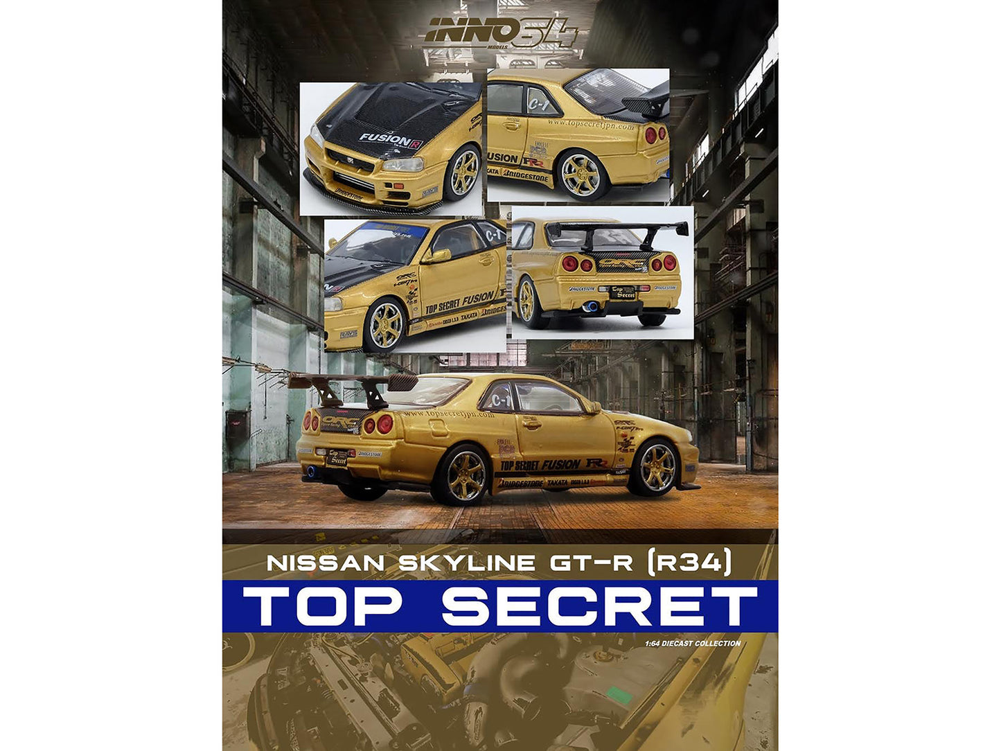 Nissan Skyline GT-R (R34) RHD (Right Hand Drive) "Top Secret" Gold Metallic with Carbon Hood and Trunk 1/64 Diecast Model Car by Inno Models-DiecastModeler.com