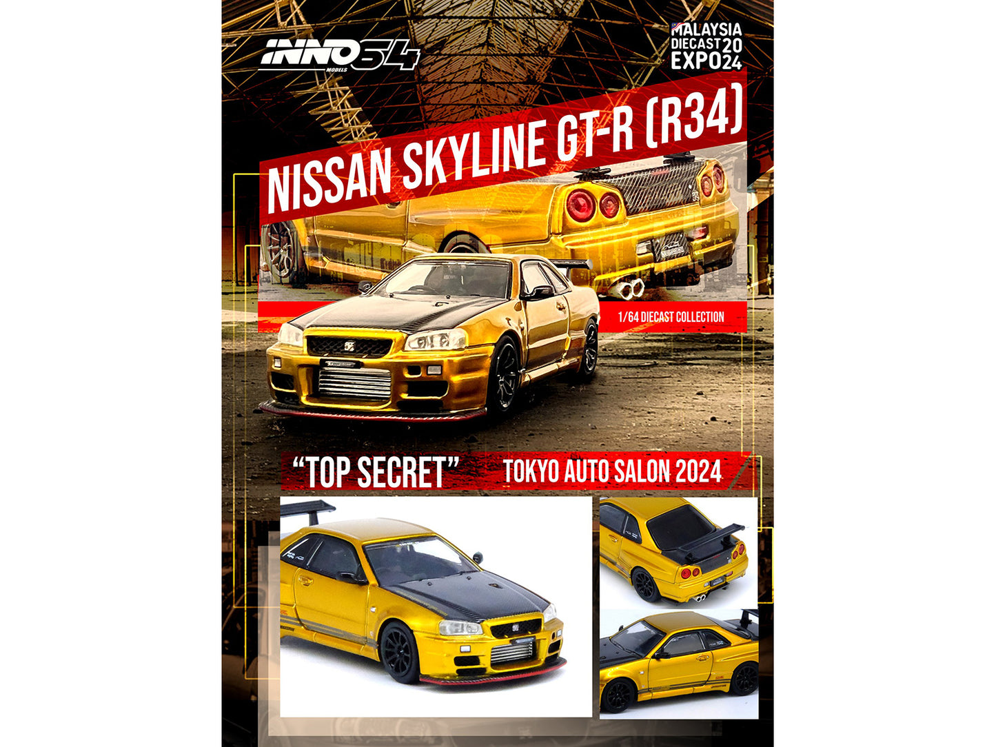 Nissan Skyline GT-R (R34) "Top Secret" RHD (Right Hand Drive) Gold Metallic with Carbon Hood and Trunk "Tokyo Auto Salon 2024 - Malaysia Diecast Expo 2024" 1/64 Diecast Model Car by Inno Models-DiecastModeler.com