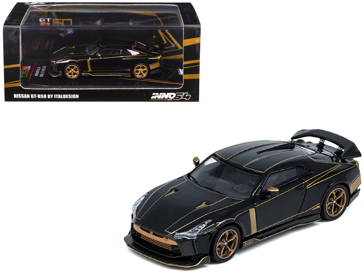 Nissan GT-R50 By ItalDesign Black with Gold Accents and Carbon Hood 1/64 Diecast Model Car by Inno Models-DiecastModeler.com
